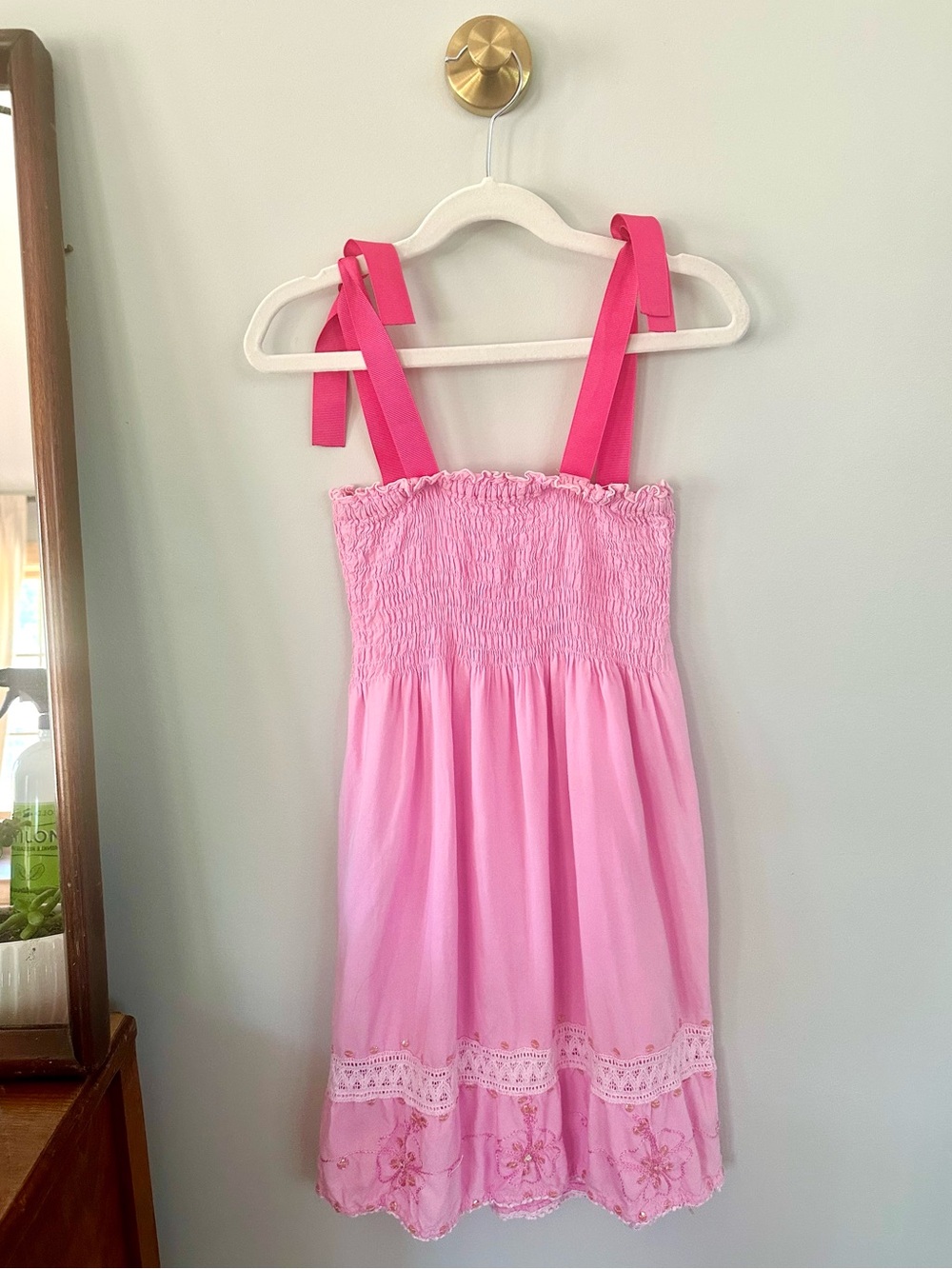 Girls Size 6 Pink Smocked Sundress Tie Straps Floral Embroidered Lace Dress
